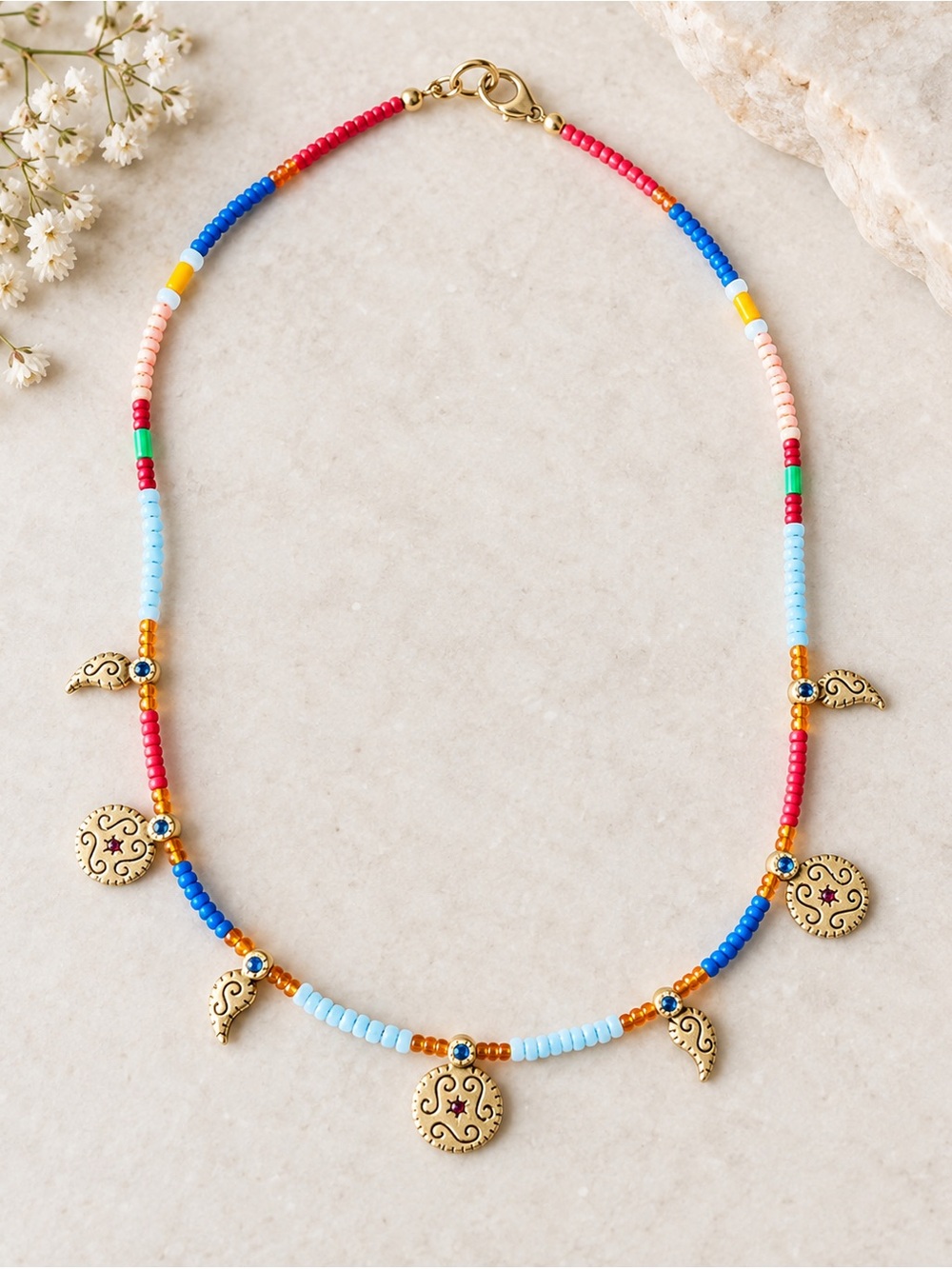 Beaded Multi-Color Charm Necklace with Gold Accents